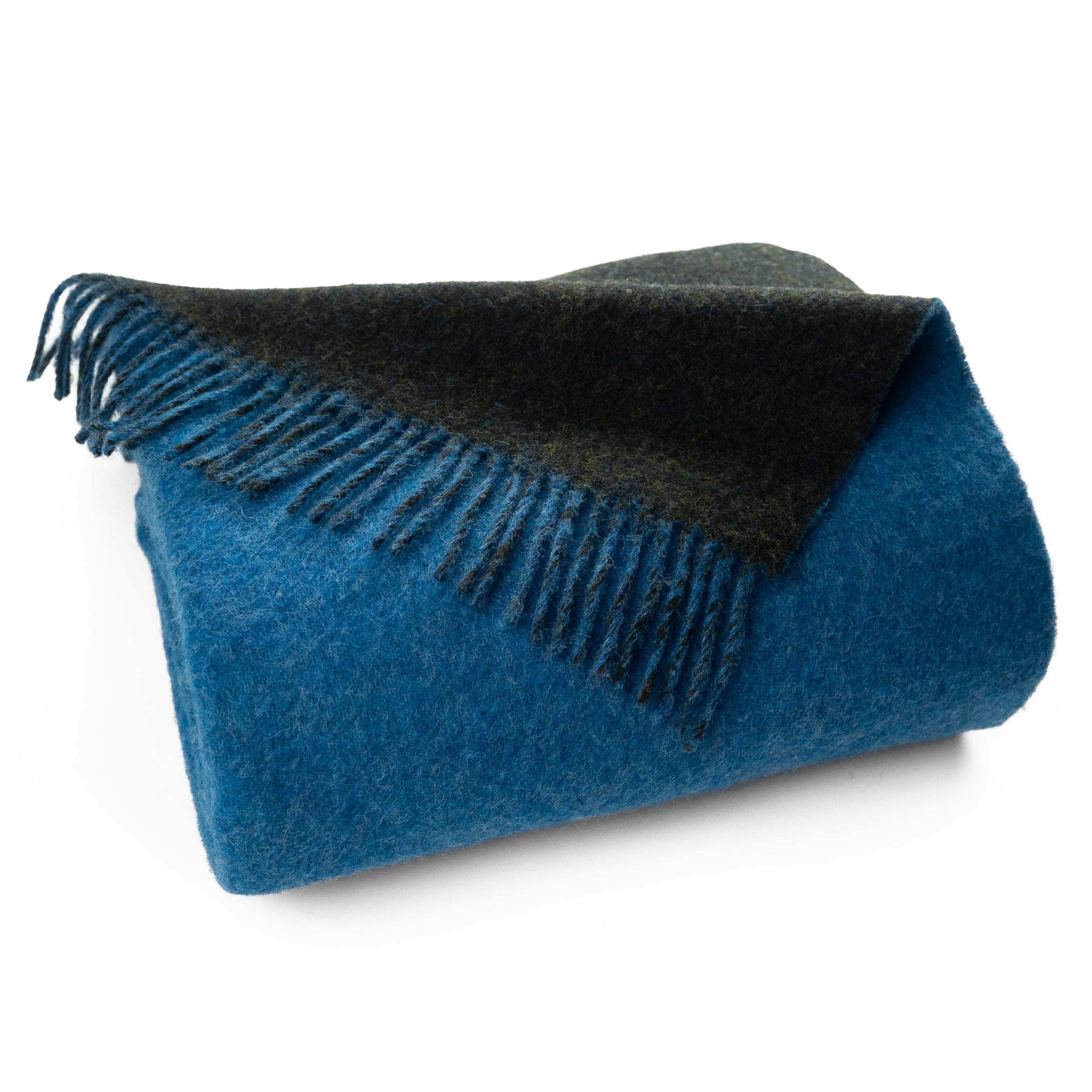 Reversible wool throw in sea blue and green with fringed edges